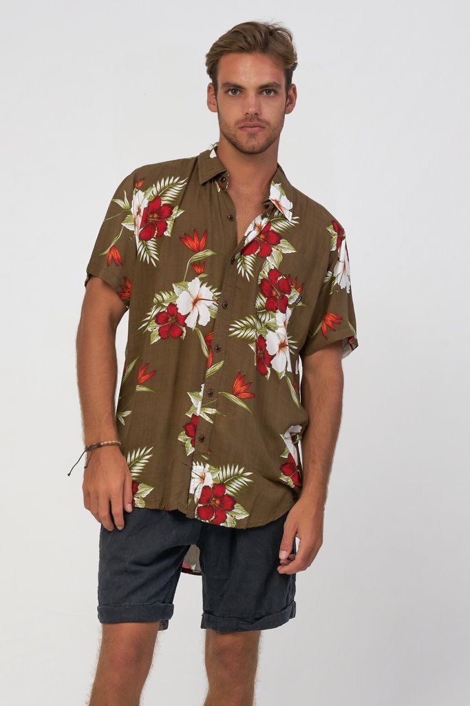 Casual Brown Tops For The Beach, Casual Brown Hawaiian Shirt For Summer, Casual Shirt With Hibiscus Print For Spring, Hibiscus Print Button-up Top For Vacation, Casual Brown Floral Print Tops, Vacation Hibiscus Print Button-up Top, Brown Summer Beach Shirt, Casual Button-up Shirt With Hibiscus Print, Brown Button-up Shirt For Vacation