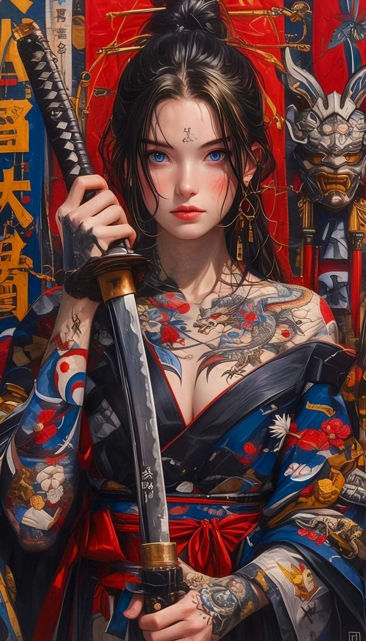 Female Samurai Tattoo, Female Samurai Art, Ichigo Hollow Mask, Cat Graphic Art, Cute Wallpapers For Android, Japanese Art Samurai, Japanese Art Modern, Female Samurai, Samurai Tattoo Design