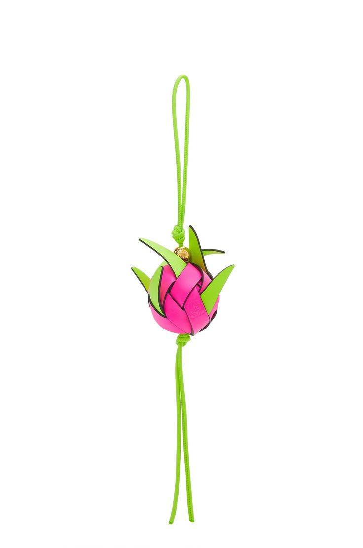 a pink flower with green stems hanging from it's end on a white background