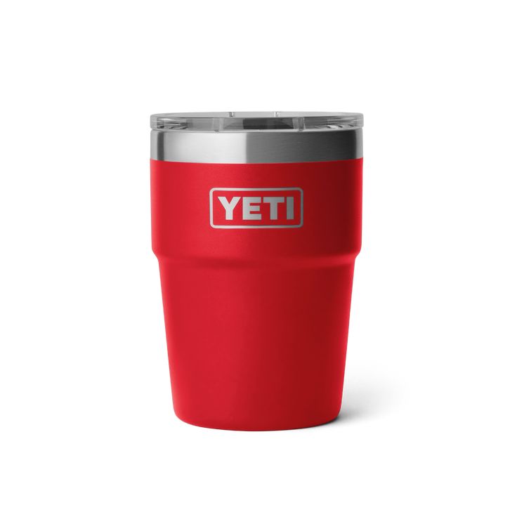 a red yeti cup with the word yeti on it