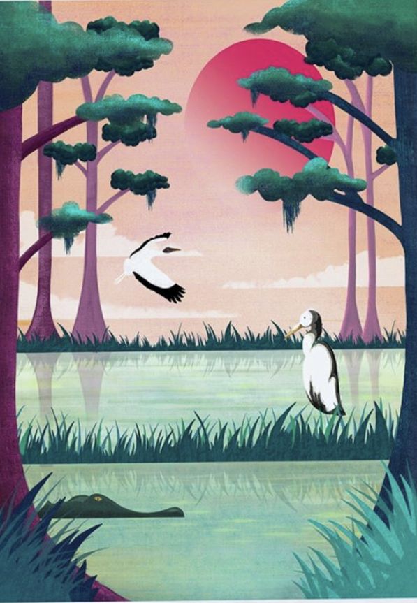 a painting of a bird flying in the air over water with trees and grass around it