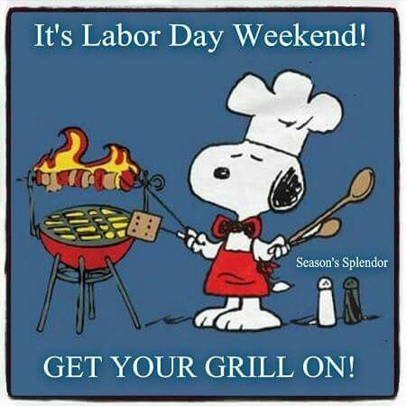 a cartoon character cooking food on a grill with the caption, it's labor day weekend get your grill on