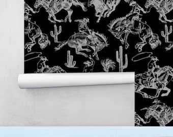 black and white wallpaper with horses, cactuses and cacti on it