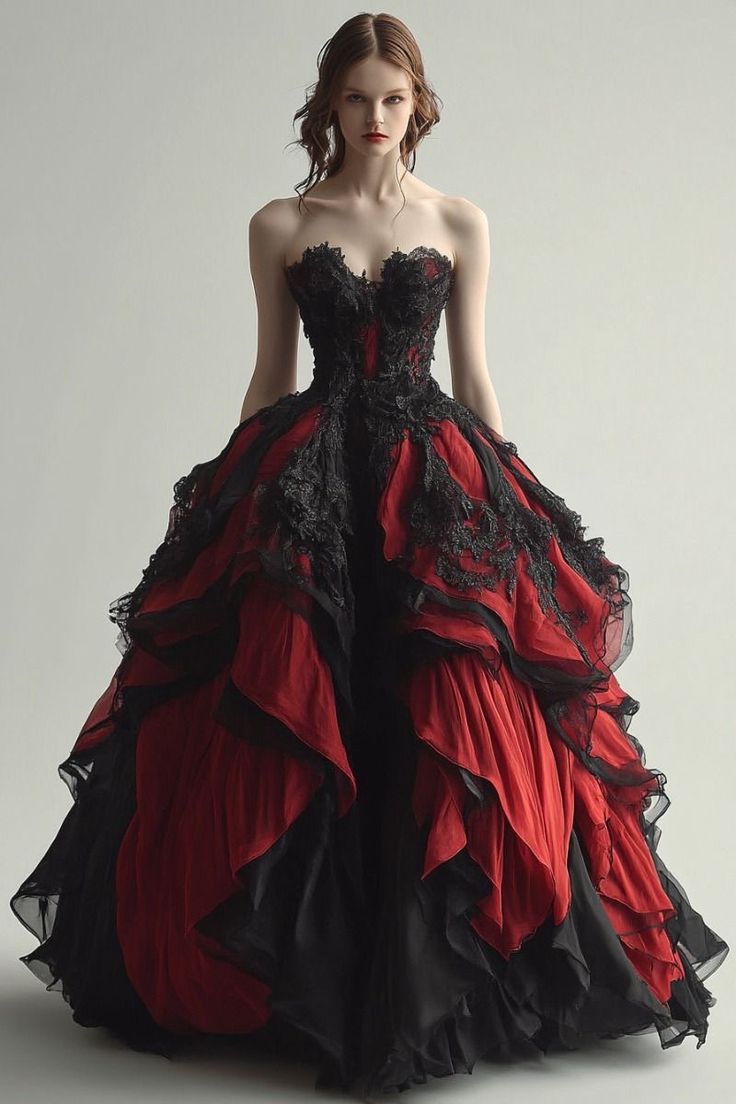 Red Ballroom Gown, Vamp Wedding, Dark Red Wedding Dress, Goth Weddings, Red Ballroom Dresses, Punk Wedding Dresses, Red And Black Gown, Drag Outfits, Dark Red Wedding