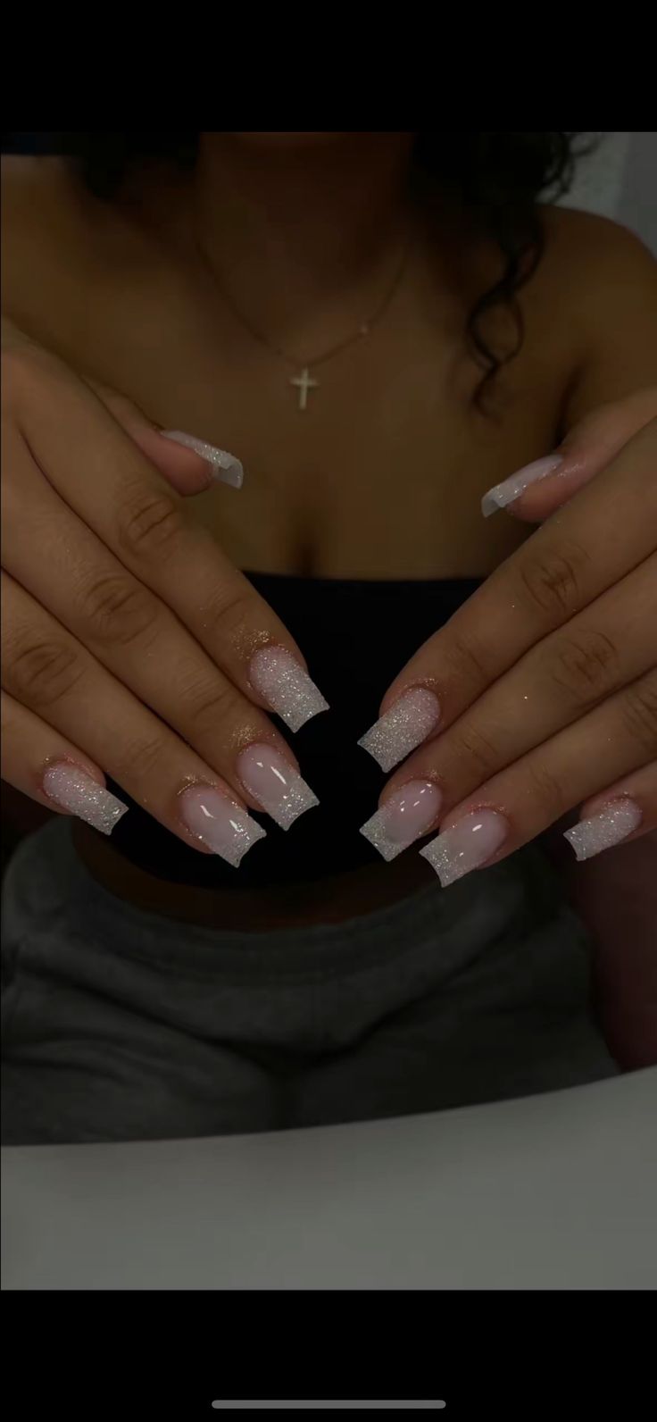 White Nails For Birthday, Photo Nails Ideas, French Nails Glitter Sparkle, Birthday Nails French Tip, 18th Nails, 18th Birthday Nails, Ongles Bling Bling, Nail Simple, Sugar Glitter