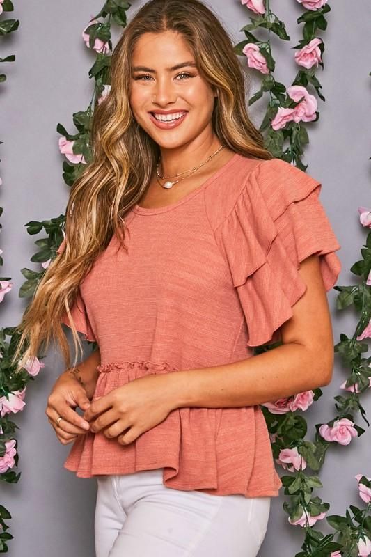 Short sleeve ribbed knit ruffle hem top with tiered ruffle sleeve details 67% Polyester, 29% Rayon, 4% Spandex Made in the USA This item is a part of our Mahaila Jade Collection Ruffled Top, Hem Top, Ruffle Top, Sleeve Detail, Ruffle Hem, Made In The Usa, Peplum Top, Ribbed Knit, Open Shoulder Tops