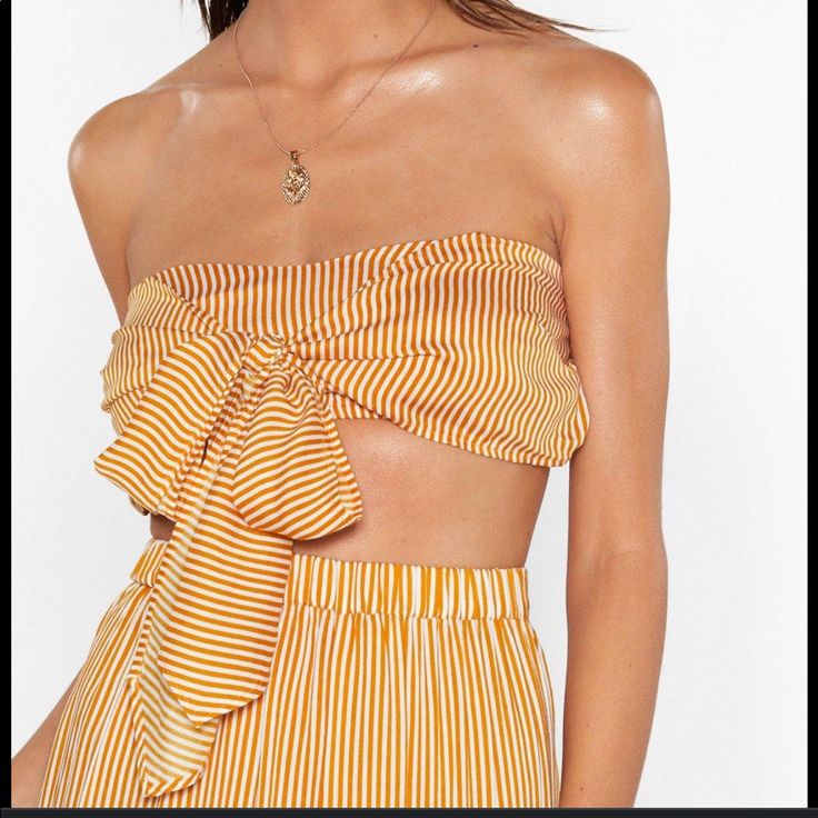 Nasty Gal Yellow Stripe Bandeau Size Xs New With Tags Closet B2 Strapless Summer Crop Top With Built-in Bra, Strapless Crop Top With Built-in Bra For Summer, Bandeau Crop Top With Built-in Bra For Day Out, Day Out Bandeau Crop Top With Built-in Bra, Vacation Bandeau Tube Top With Built-in Bra, Chic Strapless Halter Top For Vacation, Flirty Halter Neck Tube Top For Summer, Flirty Bandeau Tube Top With Built-in Bra, Summer Cropped Tube Top With Built-in Bra