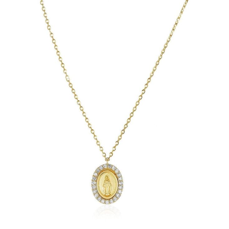 Miraculous Medal - Lindsey Leigh Jewelry Elegant Miraculous Medal Pendant Necklace, Elegant Sterling Silver Necklace With Miraculous Medal, Elegant Pendant Necklace With Miraculous Medal, Elegant Miraculous Medal Round Pendant Jewelry, Elegant Oval Necklace With Miraculous Medal, 14k Gold Crucifix Necklace With Diamond Accents, Diamond Crucifix Necklace In Yellow Gold, Yellow Gold Jewelry With Miraculous Medal Cross Pendant, Yellow Gold Cross Pendant Jewelry With Miraculous Medal