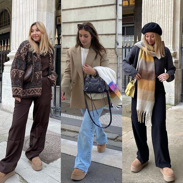 Wide Leg Pants Outfit Fall, Platform Outfits, Chelsea Boots Beige, Uggs Outfit Winter, Platform Boots Outfit, Platform Outfit, Outfit With Uggs, Parisian Outfit, Ugg Boots Outfit