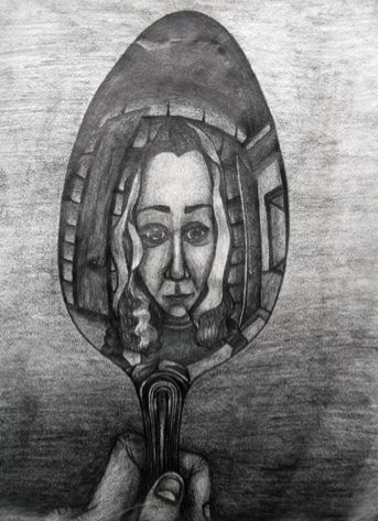 a drawing of a woman's face reflected in a magnifying glass mirror