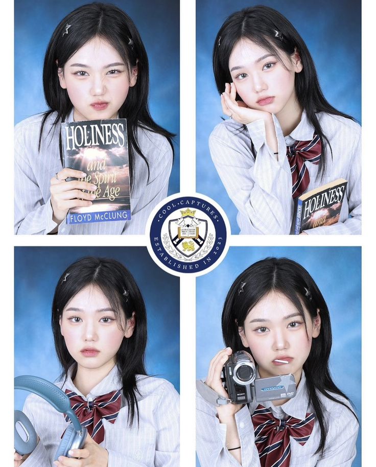 four different pictures of a woman holding a book