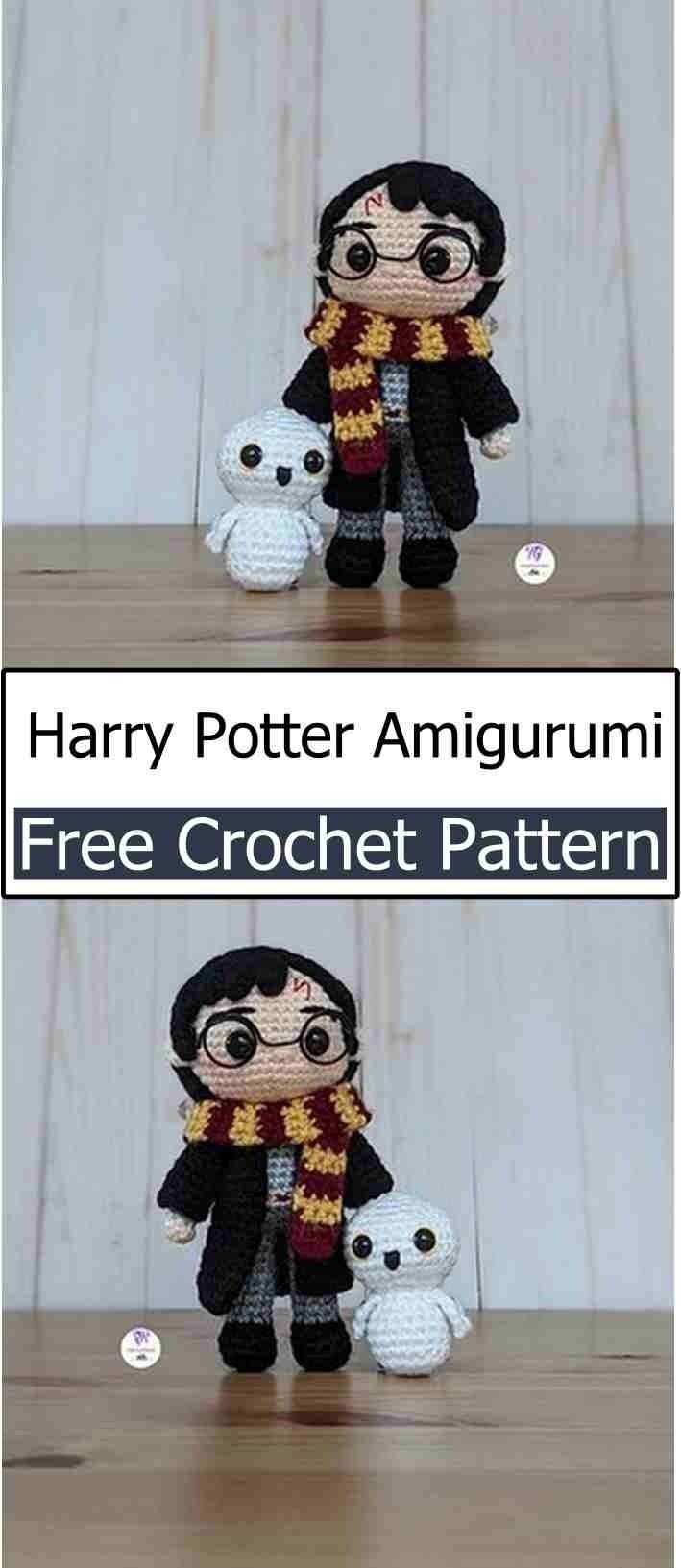 harry potter amigurm is holding a stuffed animal and text reads, free crochet pattern