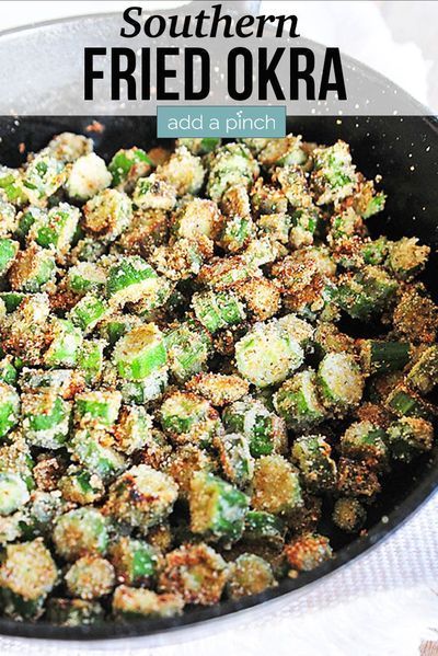 fried okra in a frying pan with the words southern fried okra above it