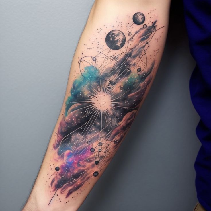 an arm tattoo with planets and stars on it