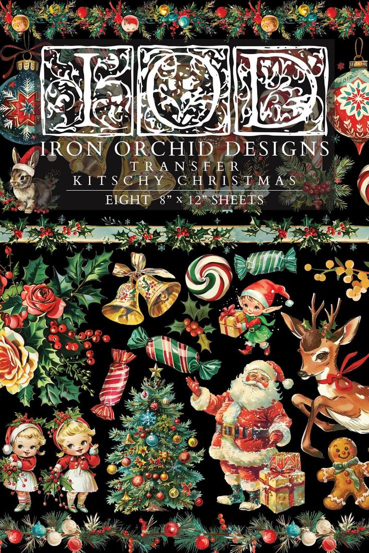 the front and back cover of iron - on christmas designs, featuring santa's elves