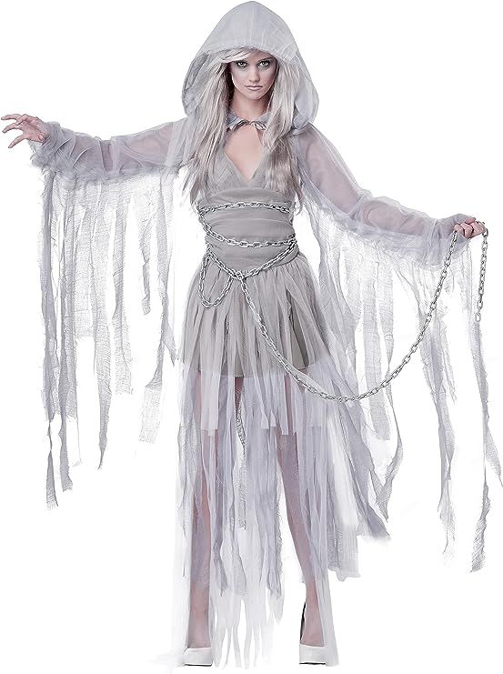 a woman dressed in a ghost costume with chains on her feet and hands out to the side