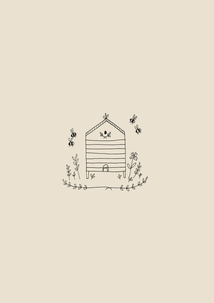 a drawing of a house with bees flying around it