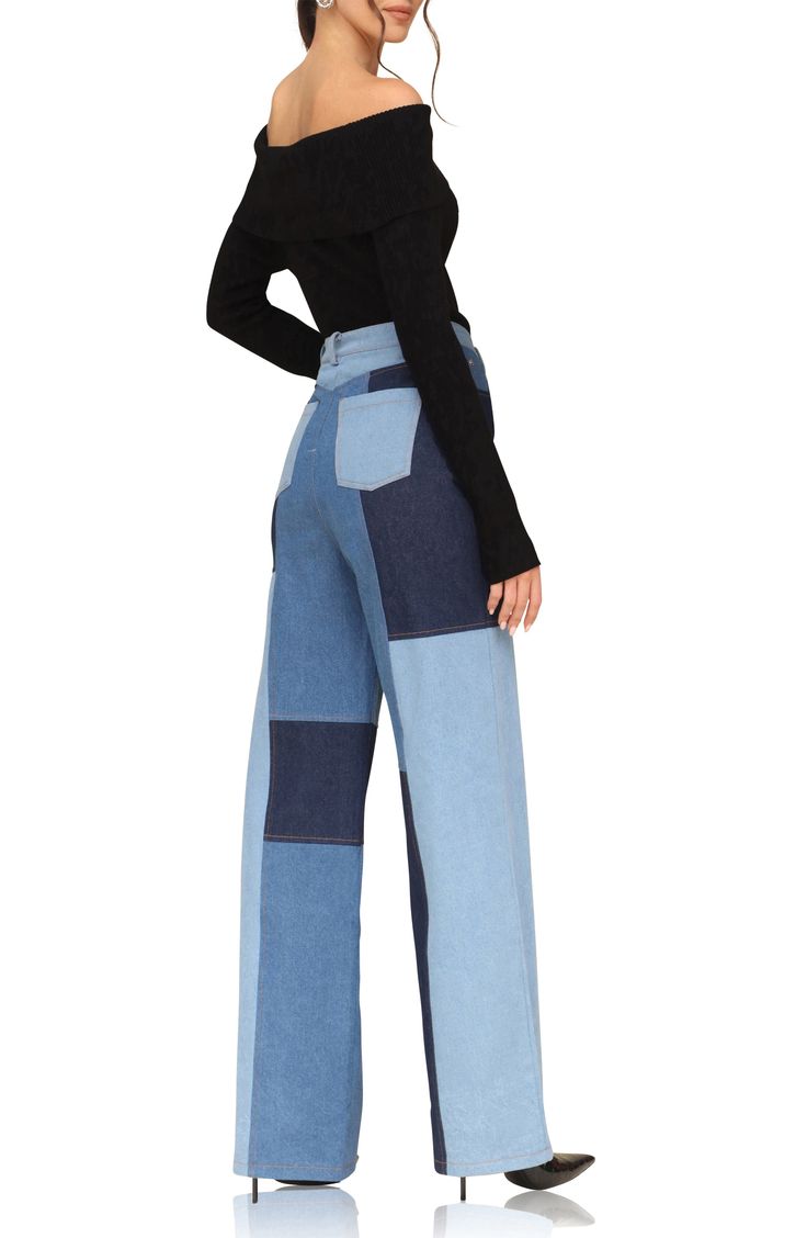 Patchwork panels of denim in a myriad of washes bring a retro vibe to wide-leg jeans cut from structured nonstretch denim in a high-waisted silhouette. 33" inseam; 22" leg opening; 13" front rise (size Small) Zip fly with button closure Five-pocket style 100% cotton Machine wash, tumble dry Imported Mid-rise Blue Flare Jeans With Contrast Stitching, Blue Mid-rise Flare Jeans With Contrast Stitching, High Rise Blue Flare Jeans With Contrast Stitching, Spring Patchwork Straight Leg Jeans, Spring Patchwork Straight-leg Jeans, Blue Jeans With Contrast Stitching In Rigid Denim, Blue Wide Leg Jeans With Contrast Stitching, Denim Blue Cotton Patchwork Bottoms, Denim Blue Cotton Bottoms With Patchwork