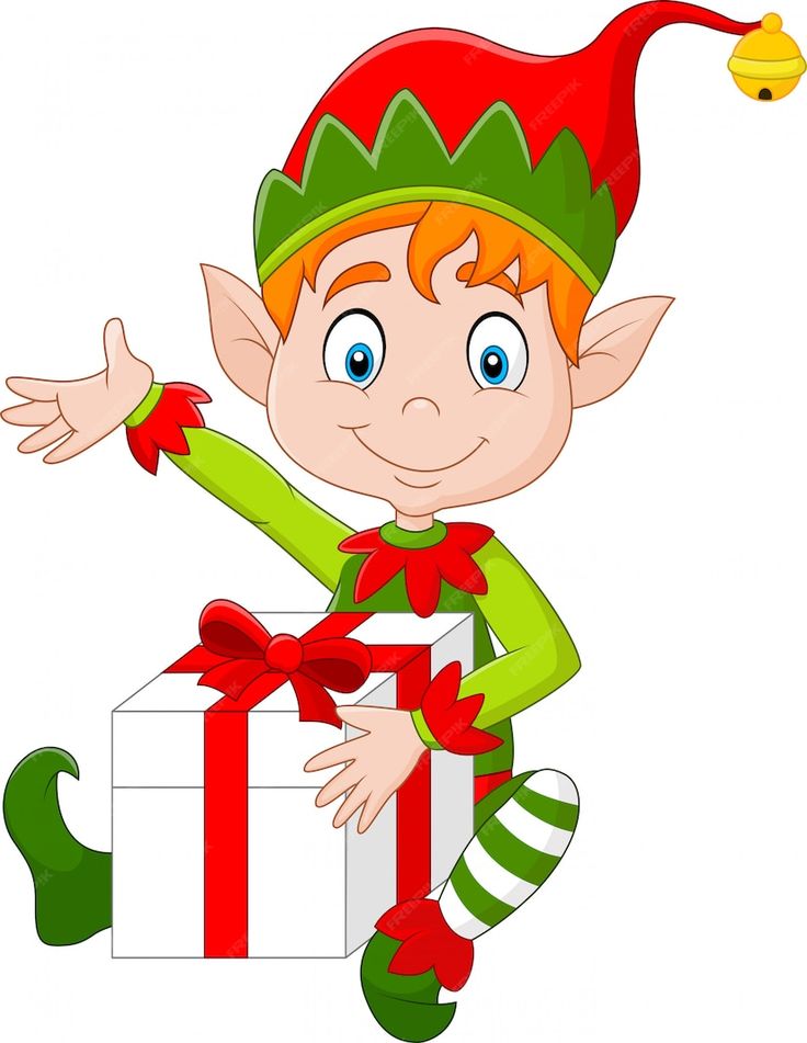 a cartoon christmas elf holding a gift box