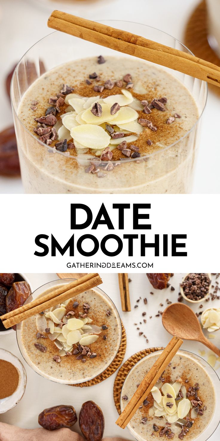 date smoothie with almonds and cinnamon on top