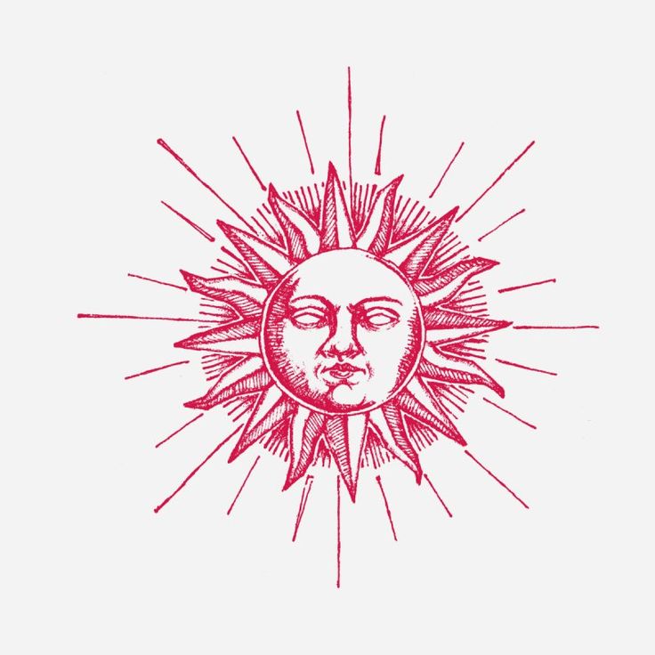 the sun with a face drawn in red ink on a gray background, as if it were an old school tattoo