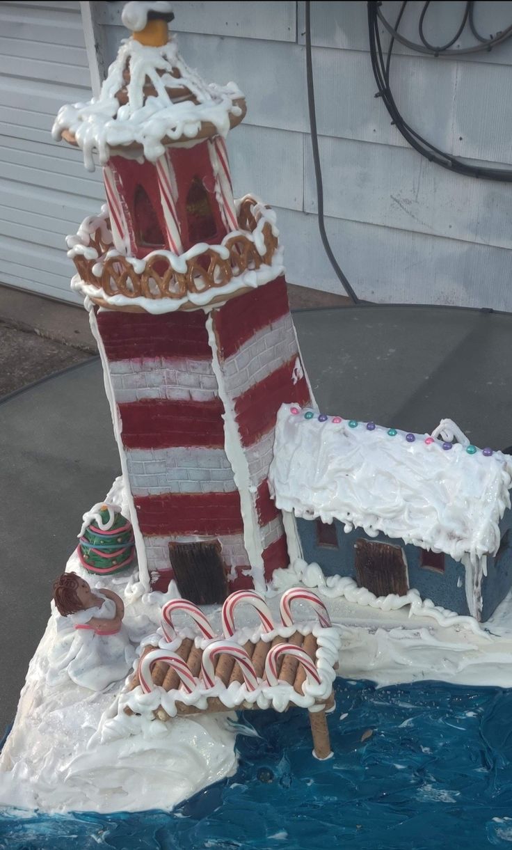 a cake made to look like a lighthouse with candy canes on the top and sides