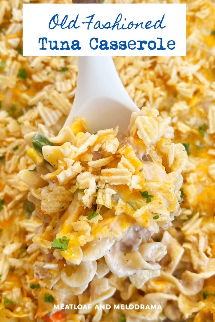 an old fashioned tuna casserole is shown with a spoon