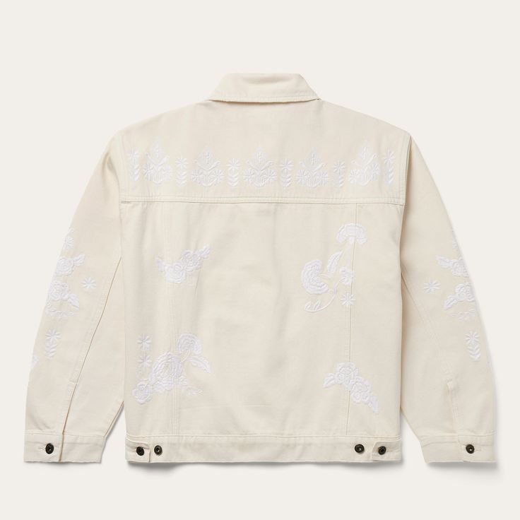 This stylish cream denim jacket features an eye-catching western-inspired embroidered detail. It has drop shoulders, straight front and back yokes, welt pockets, single point chest pockets with flaps. Crafted from high-quality 100% cotton denim, it will be a wardrobe mainstay for years to come. Welt Pockets Front & Back Seams Straight Back Yoke Drop Shoulders & Straight Front Yokes Single Point Pockets & Flaps Embroidered 100% Cotton Imported Summer Cream Embroidered Outerwear, Traditional Embroidered Cream Outerwear, Fitted Cream Embroidered Outerwear, Cream Embroidered Cotton Outerwear, Beige Cotton Button-up Denim Jacket, Denim Boots, Fringe Jacket, Outdoor Men, Mini Shirt Dress