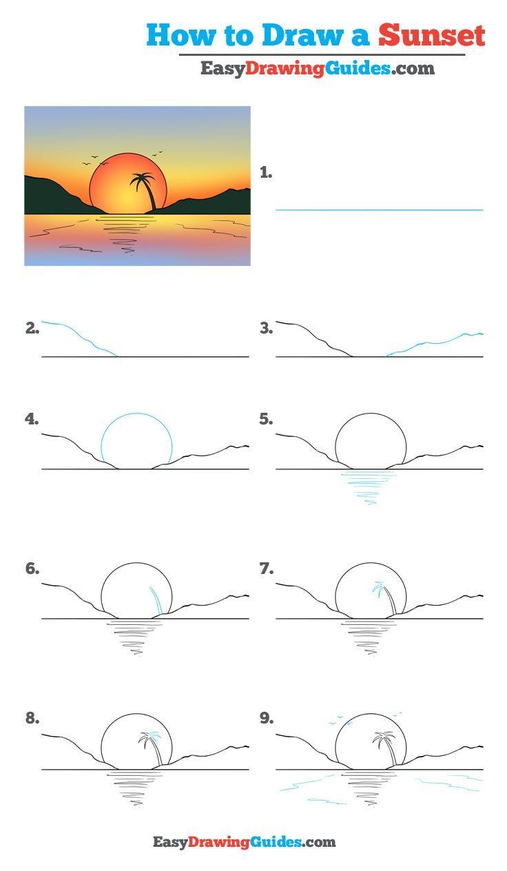 how to draw a sunset step by step instructions for children and adults, with pictures on the