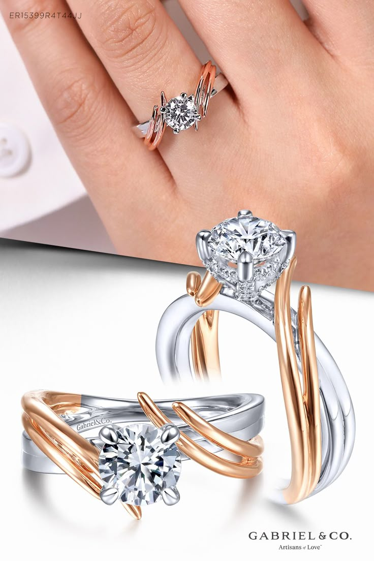 two engagement rings with one diamond and the other in gold, white and rose gold