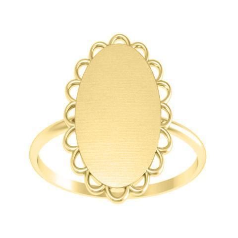 a gold signet ring with an oval design in the middle and a scalloped edge