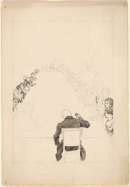 a drawing of a person sitting in a chair with other people around him on the floor