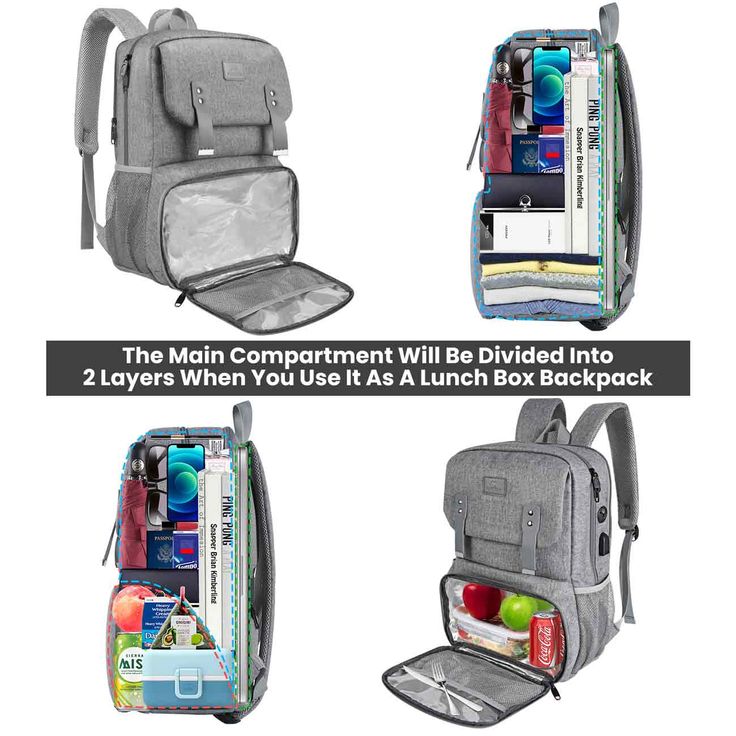 Bookbag with Lunch Box Description Carry the right backpack lunchbox when you go to school or work. It can keep your food fresh about 2-4 hours. Don't worry about that your food can leak to the backpack or your sauce splashes inside. Because this lunch box backpack are insulated waterproof and leak-proof liner. It's perfect for your nursing school. You can hold a lot of books and under 15.6 inch laptop. Product Dimensions: 11 x 7.5 x 17 inches； Item Weight: 2 pounds； Dimension of the cooler comp Large Capacity Lunch Bag For Back To School, Portable Lunch Box For Travel And Back To School, Functional School Lunch Bag Backpack, Functional School Backpack Lunch Bag, Functional Backpack Lunch Bag For School, Portable Lunch Bag For Back To School, Functional Backpack-style Lunch Bag For Back To School, Functional Backpack Lunch Bag For Back To School, Rectangular Lunch Box For Back To School