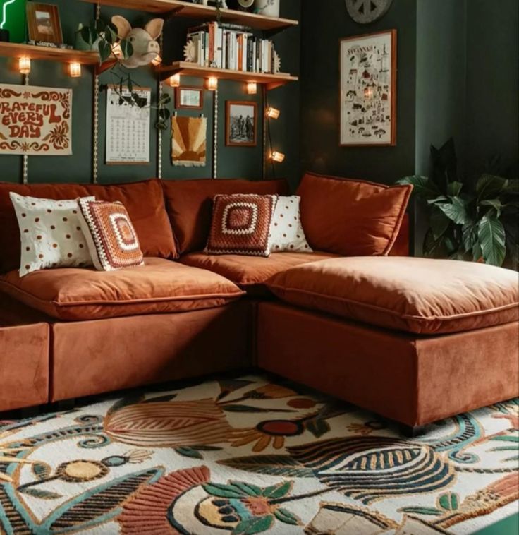 a living room filled with lots of furniture next to a wall covered in pictures and lights