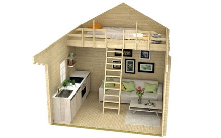 a tiny house with a loft bed and stairs