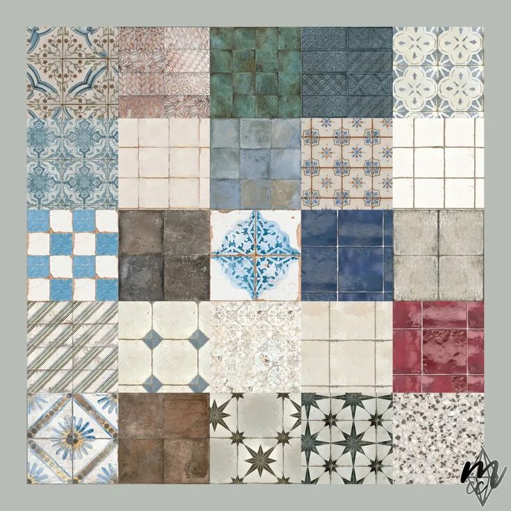 an assortment of different colored and patterned tile designs in various patterns, sizes and colors