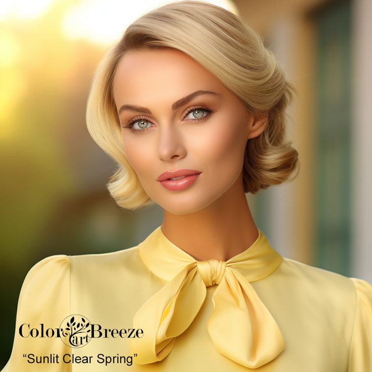 a woman with blonde hair wearing a yellow shirt and a bow around her neck is looking at the camera