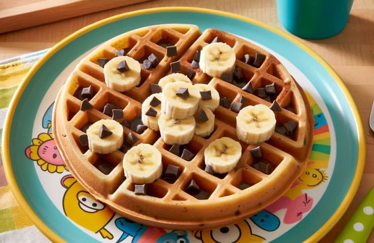 a waffle topped with bananas and chocolate chips on a colorful plate next to a cup