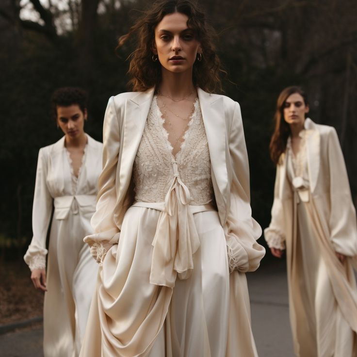 three women in white dresses and jackets walking down the street with trees in the background