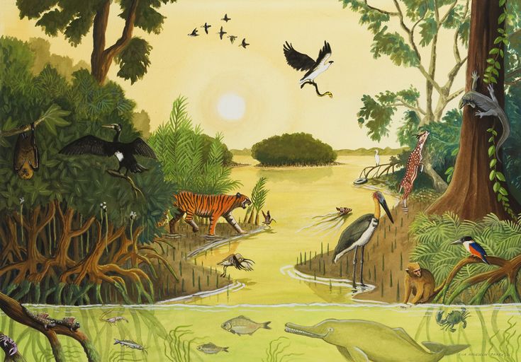 a painting of birds and other animals in a forest