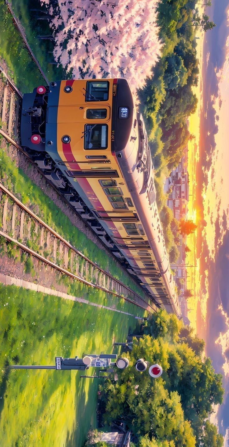 the train is traveling down the tracks near trees and flowers on the side of the road