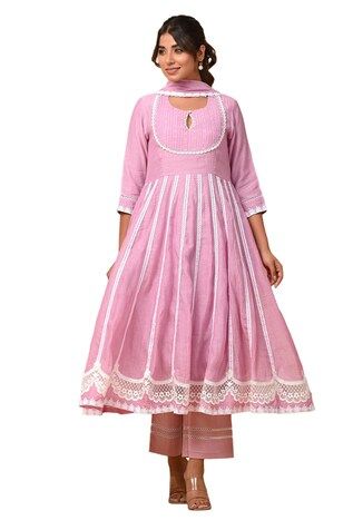 Lilac kalidaar anarkali with front yoke pintuck pleat and lace embellishment. Paired with coordinating pant and dupatta. - Aza Fashions Women Kurta, Purple Lace, Set Women, Pant Set, Pin Tucks, Anarkali, Aza Fashion, Jaipur, Three Quarter