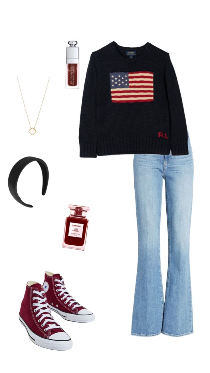 an american flag sweater, jeans, and converse sneakers are outfitted for the day