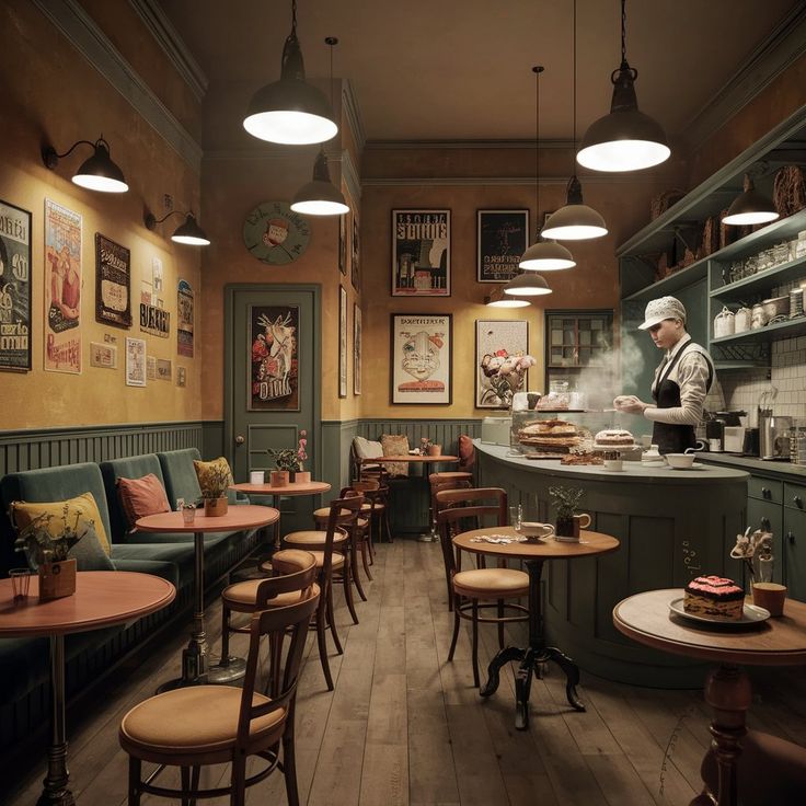 the interior of a restaurant with many tables and chairs