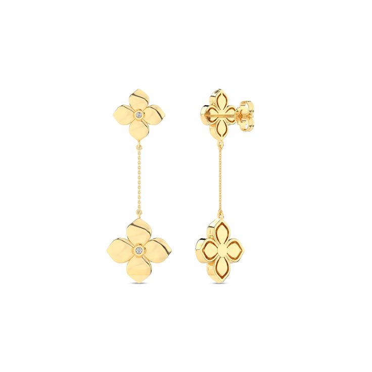 Add a touch of sophistication to any look with these La Fleur Diamond Drop Earrings. Made with 14K/18K solid gold and adorned with shimmering diamonds, these earrings feature a delicate drop design that exudes elegance. Perfect for special occasions or to elevate your everyday style. Timeless Yellow Gold Earrings With Diamond Accents, Refined 14k Yellow Gold Earrings, Timeless Gold Diamond Earrings, Timeless Yellow Gold Earrings With Elegant Design, Refined Yellow Gold Diamond Earrings, Timeless Yellow Gold Dangle Diamond Earrings, Timeless Yellow Gold Diamond Dangle Earrings, Timeless Yellow Gold Diamond Earrings For Evening, Luxury 14k Gold Diamond Drop Earrings