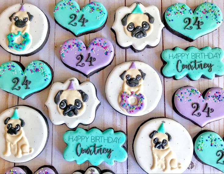 Pug Cookies Decorated, Pug Party, Pug Cookies, Pug Birthday Party, Happy Birthday Courtney, Birthday Cookies, 5th Birthday, Sugar Cookies, Cookie Decorating