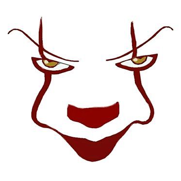 an evil clown's face with yellow eyes and red nose, on a white background