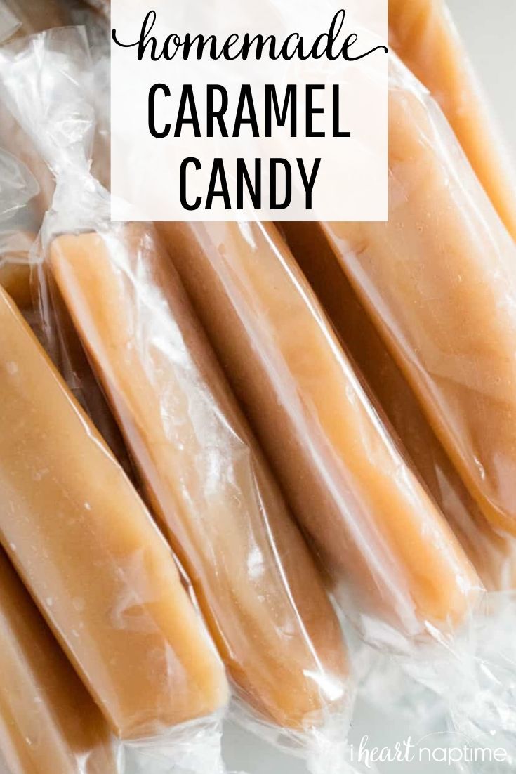 homemade caramel candy in plastic bags with text overlay that reads homemade caramel candy