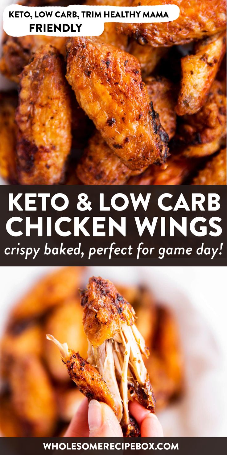 chicken wings with text that reads keto and low carb chicken wings crispy baked, perfect for game day