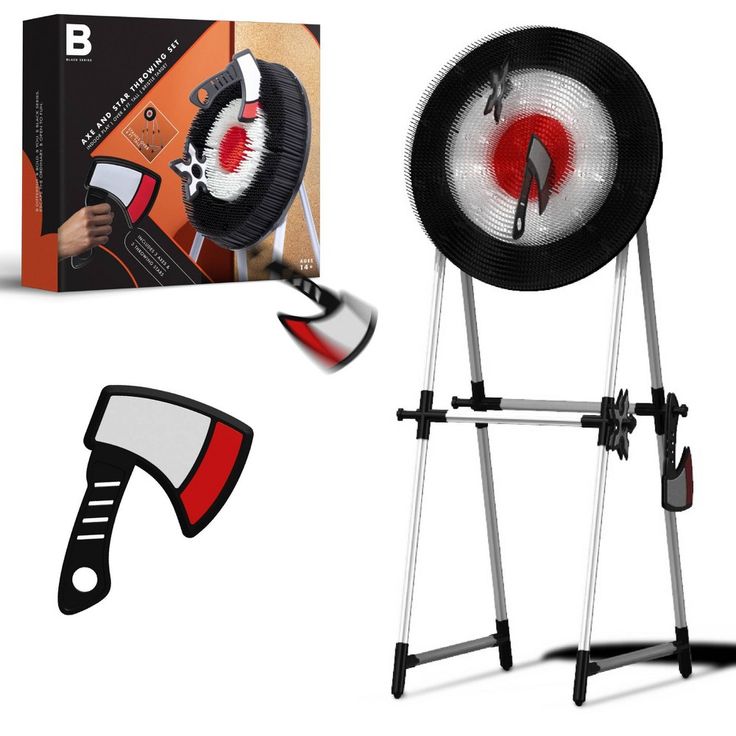 The Black Series Axe and Star Throwing and Target Set features three plastic axes and three stars designed for play indoors or out with the special target. Learn how to throw axes and stars at a target safely while honing your aim. Thanks to the durable plastic bristles on the target capture the axes without having to puncture paper or stick into foam, so you can reuse the same target again and again. Plus, it comes with a stand too.?Keep your eye on the bullseye and keep practicing to improve y Throwing Games, Target Setting, Target Accessories, Set Game, Toss Game, Series Black, Lawn Games, Backyard Fun, Black Series